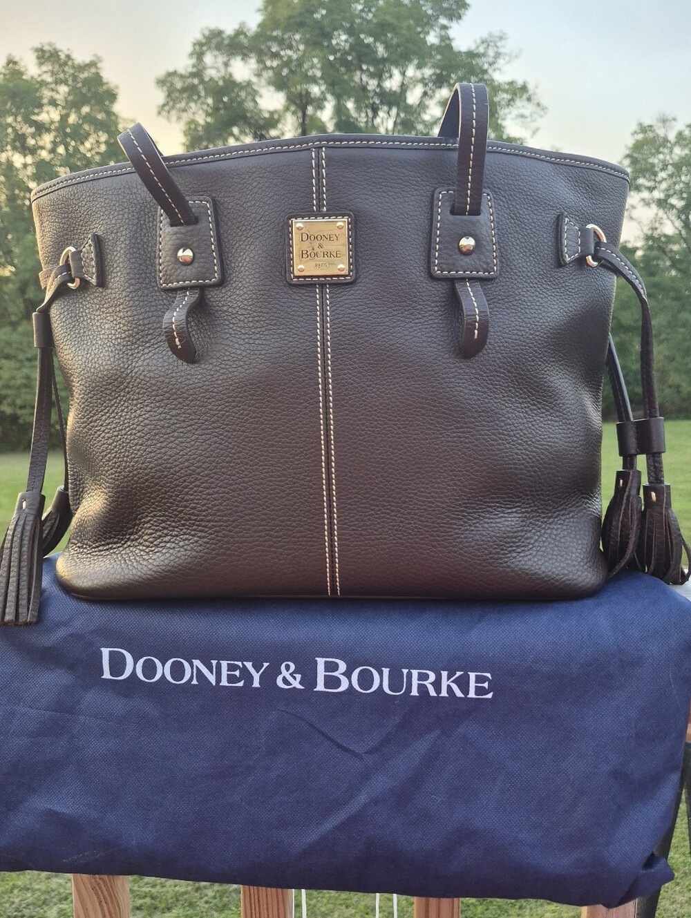 Dooney & Bourke Dark Brown Pebbeled Leather Davis Handbag Purse Tassles Dust Bag
